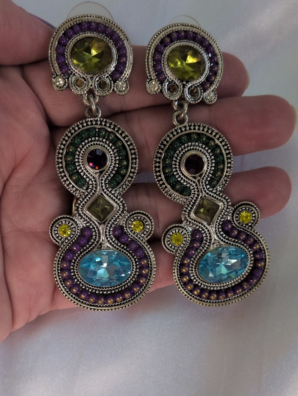 Ornate Soutache Dangle Earrings Antiqued Silver Multicolor Crystal Boho